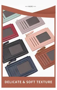 Multi-color PU leather card holder with zipper pocket and ID window for daily use.