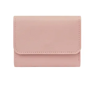 Minimalist pink short women trifold wallet, sleek leather coin purse and card holder design.