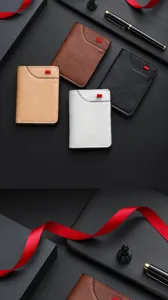 Close-up detail of men's bifold short wallet with multiple card slots in assorted colors.