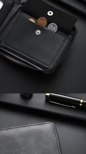 Portefeuille homme en cuir PU noir, design zippé ultra fin avec fentes pour cartes et monnaie.