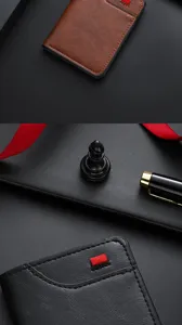 Men's minimalist short wallet fine leather texture and stitching detail view card holder.