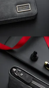 Vue détaillée d'un portefeuille en cuir PU noir pour homme avec coutures fines et logo en métal.