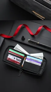 Portefeuille zippé en cuir PU noir pour homme avec fentes pour cartes et poche monnaie.