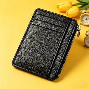 Portafoglio porta carte in pelle nera con cerniera tasca monete scomparti multipli