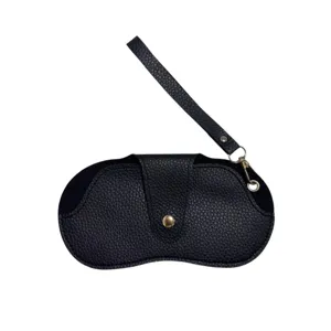 Portable black leather glasses case with wrist strap and snap button for sunglasses daily use