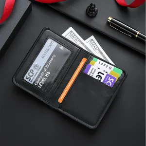 Men's black leather short card holder wallet with multi-card slots and clear ID window.