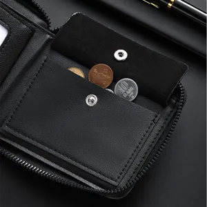 Portefeuille homme en cuir PU noir avec poche à monnaie zippée et fentes cartes.