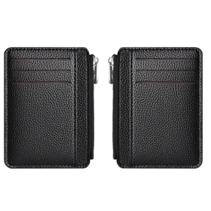 Portafoglio porta carte in pelle nera con cerniera e scomparti multipli per carte