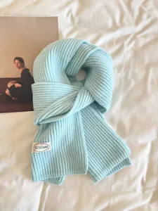 Korean style solid color knitted scarf for women, winter blue warm cute neck warmer