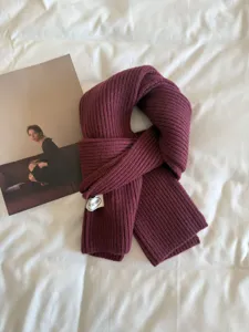 Cozy burgundy knitted winter scarf for women, warm solid color ribbed neck wrap and collar.