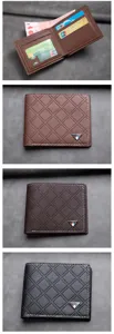 Men's short leather wallet with diamond pattern and card slots, slim bifold design.