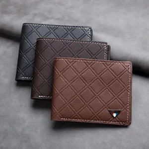 Men Short PU Leather Wallet Business Commuting Plaid Bifold Card Holder Slim Thin Coin Purse Multifunctional Pocket