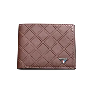 Men's short brown leather wallet with stylish grid pattern, slim design and metal accent.