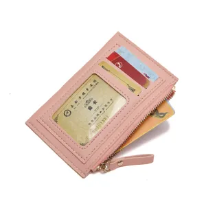 Pink PU leather card holder wallet with zipper coin pocket, multi slots and ID window for women.