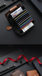 Detailed view of multi-slot accordion card wallet with zipper and snap closure for business.