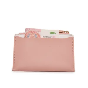 Pink PU leather card holder wallet with zipper coin purse, slim minimalist daily mini purse.