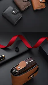 Detail view of men short card holder wallet with accordion design, zipper and magnetic snap.