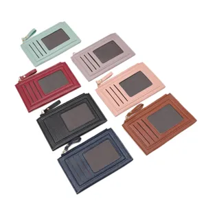 Multi-color PU leather card holder wallet for women with zipper pocket and card slots. Main view.