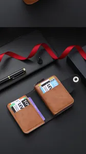 Premium men's leather card holder wallet with zipper pocket and magnetic snap closure.