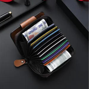 Business men's short accordion card wallet with zipper and magnetic buckle, multi-slot.