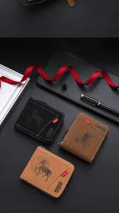 Men vintage embossed horse zipper wallet detail view, multi card slot business casual design.
