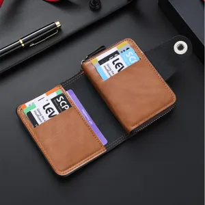 Men's short PU leather card holder wallet with zipper coin pocket and magnetic snap closure.