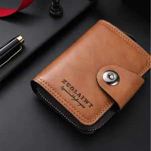 Brown leather card holder wallet for men with magnetic snap and zipper pocket, stylish design.