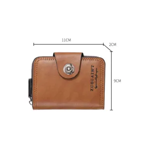 Mens short brown leather wallet with magnetic snap buckle, compact multi-card slot design.
