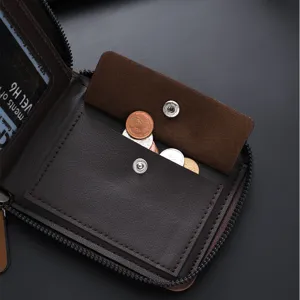 Men's vintage brown leather wallet with zipper closure, snap coin pocket and card slots.