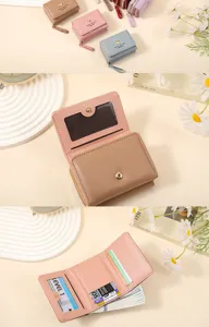 Cute short women's wallet trifold PU leather compact card holder fashion chic