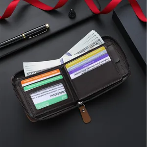 Men's retro zipper wallet with multiple card slots and cash compartments in dark brown.