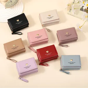Women Short Wallet PU Leather Cute Heart Decor Card Holder Coin Purse