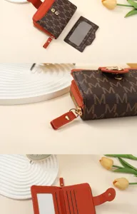 Details of the brown monogram PU short wallet with orange trim, multiple card slots and secure zip.