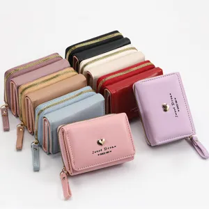 Cute womens short PU leather wallet with metal heart decor and secure zipper coin purse design