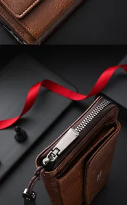 Men's brown PU leather long wallet detail view with secure zipper pocket and wrist strap.
