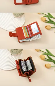 Orange PU leather short wallet with multiple card slots and zipper coin pocket compact design