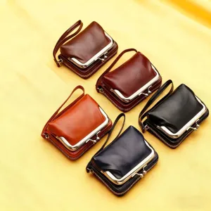 Women's Vintage PU Leather Kiss Lock Coin Purse Retro Small Clutch Wallet With Wrist Strap Card Holder