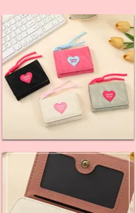 Cute mini trifold wallet for women with heart patch and lanyard, compact daily card holder purse.