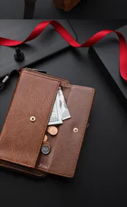 Brown PU leather long wallet detail shot, showcasing multi-card slots and coin pocket design.