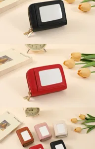 Portable women short accordion card holder with zipper and transparent ID window for daily use.