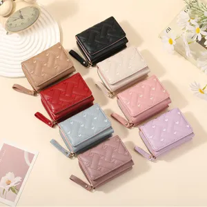 Women Short Trifold Wallet PU Leather Heart Embroidery Card Holder Cute Casual Coin Purse Fashion Zipper Purse