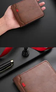 Men's short brown wallet minimalist leather card holder stylish horizontal purse daily use