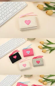 Women short trifold wallet with cute heart patch and lanyard, multi-color compact purse.
