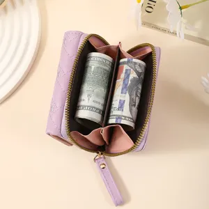 Women short quilted zipper wallet purple cute heart embroidered coin purse card holder