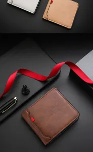 Details of mens short slim PU leather wallet with multiple card slots and minimalist design.