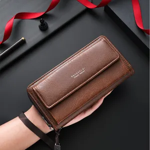 Men's brown PU leather long wallet with card slots and wrist strap for daily use.