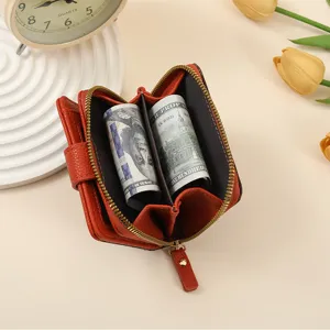 Short PU leather wallet with zipper and multiple card slots for women daily use.