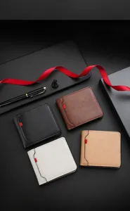 Close-up detail shot of minimalist men's short wallets featuring multiple card slots in various colors.