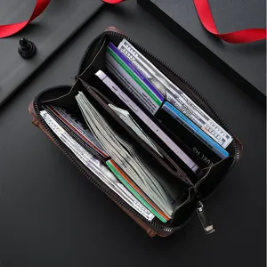 Men's PU leather long wallet, large capacity zipper clutch with multiple card slots and phone pocket.