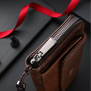 Premium brown PU leather men wallet vintage long clutch phone bag multi-card slot zipper.